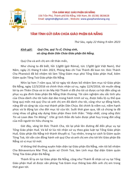 Tâm tình gửi dân Chúa giáo phận Đà Nẵng của Đức Tổng Giám mục Giuse Đặng Đức Ngân